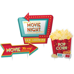 Movie Night Yard Sign Decorations - 3 Pack: Marquee, Arrow, & Popcorn