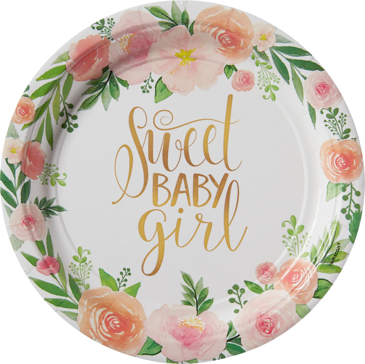 Floral Baby Girl 7" Round Dessert Plates - 8 Pack