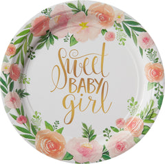 Floral Baby Girl 7" Round Dessert Plates - 8 Pack