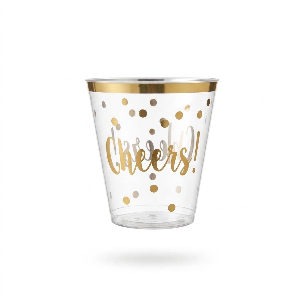 Cheers to a New Year 9oz Plastic Tumblers - Gold Polka Dot Design, 30 Pack