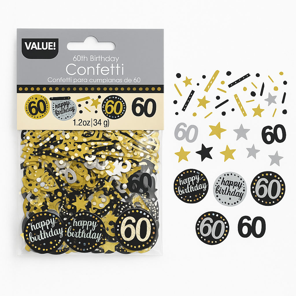 Sparkling Celebration 60th Birthday Confetti Mix - Black, Silver & Gold