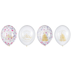 Little Gym - Disney Princess Once Upon A Time Round Transparent Confetti Latex Balloons, Purple/Pink/Gold, 12-in,  for Birthday Party - 6 Ct.