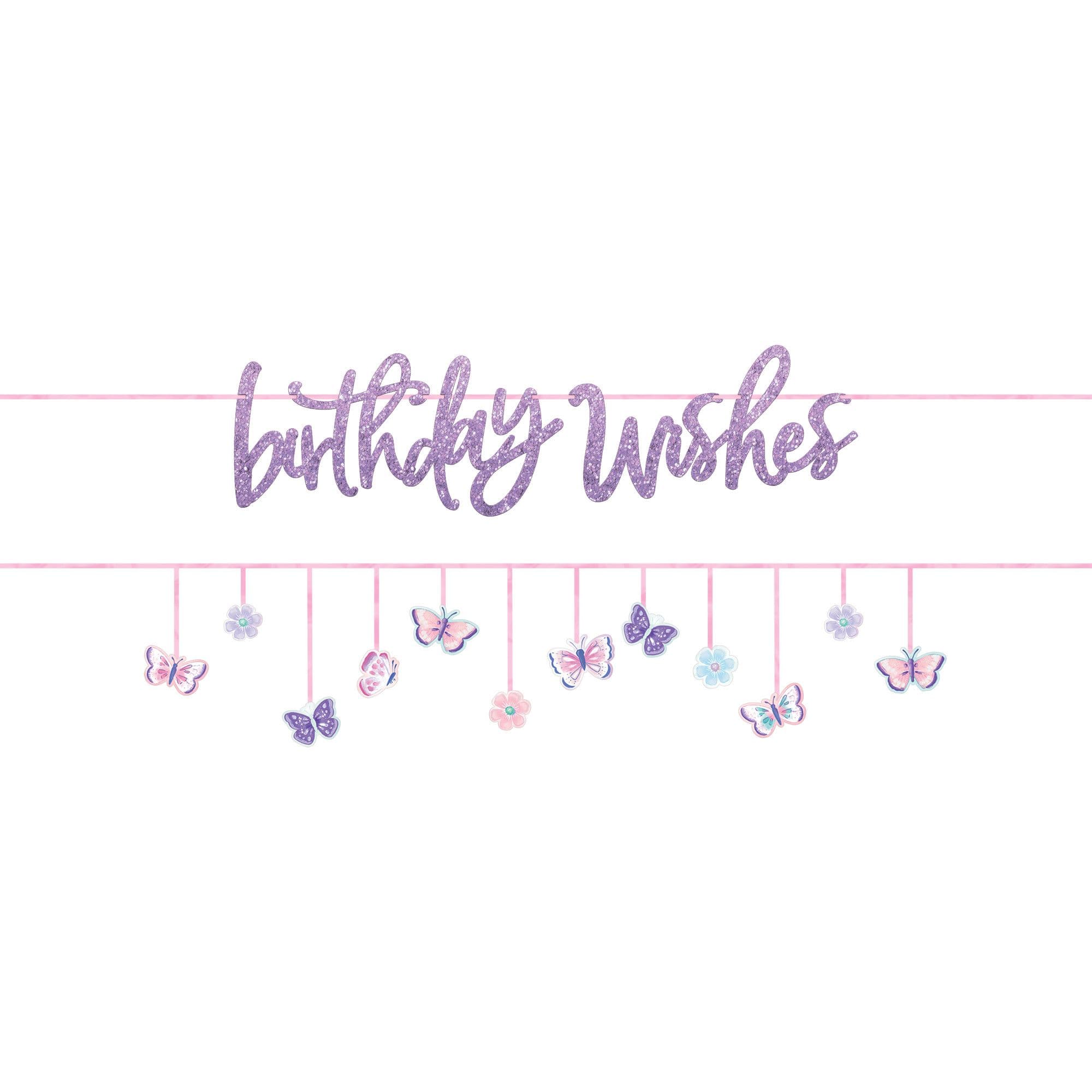 Little Gym - Flutter "Birthday Wishes" Butterfly Hanging Garland Banner Decoration, Purple, 10.5-ft, for Birthday Party - 2 Ct.