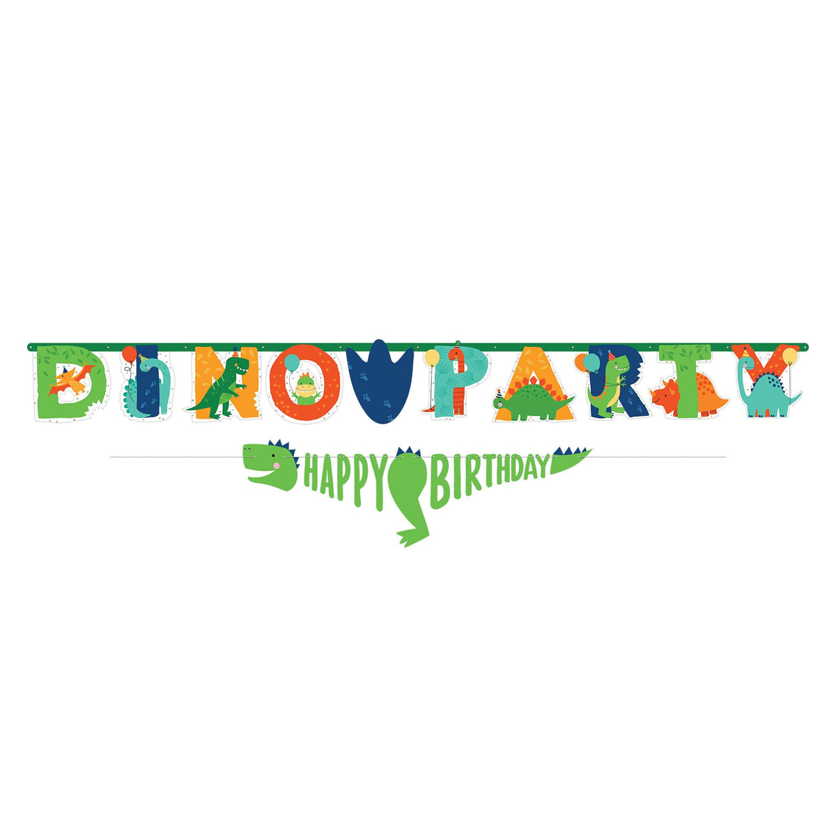Little Gym - Dino-Mite "Happy Birthday"  Dinosaur Hanging Garland Banner Decoration, Green/Blue/Orange, 12.75-in, for Birthday Party - 2 Ct.