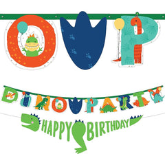 Little Gym - Dino-Mite "Happy Birthday"  Dinosaur Hanging Garland Banner Decoration, Green/Blue/Orange, 12.75-in, for Birthday Party - 2 Ct.