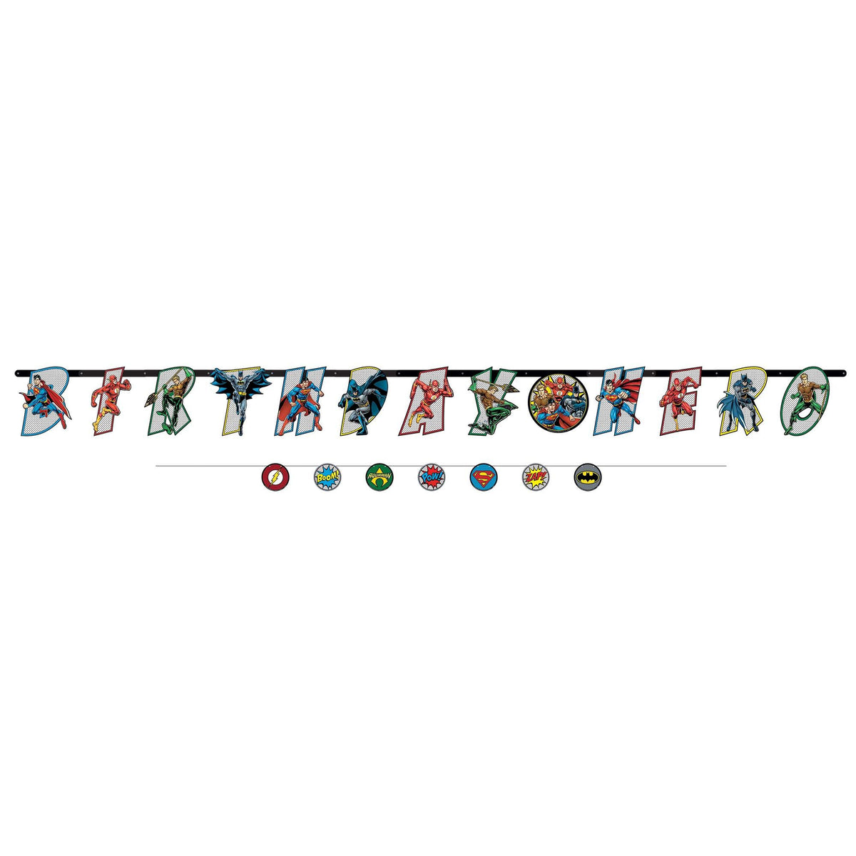 Little Gym - DC Justic League "Birthday Hero" Batman/Superman/Flash Hanging Garland Banner Decoration, Multi-Coloured, 10-ft, for Birthday Party- 2 Ct.