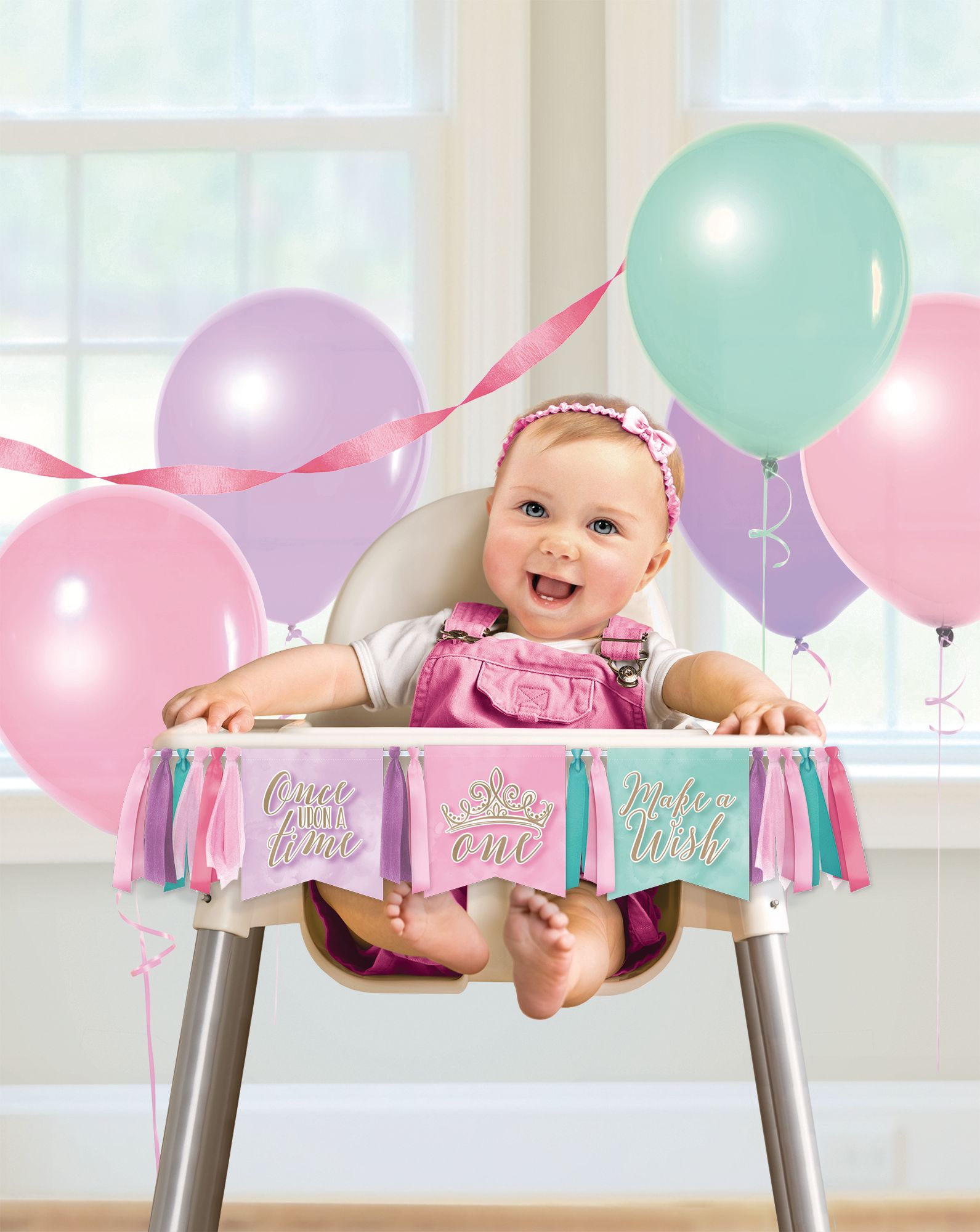 Little Gym - Disney Princess Once Upon A Time "One" High Chair Pennant Hanging Sign Decoration Pink/Blue/Purple, 38-in, for Birthday Party - 1 Ct.