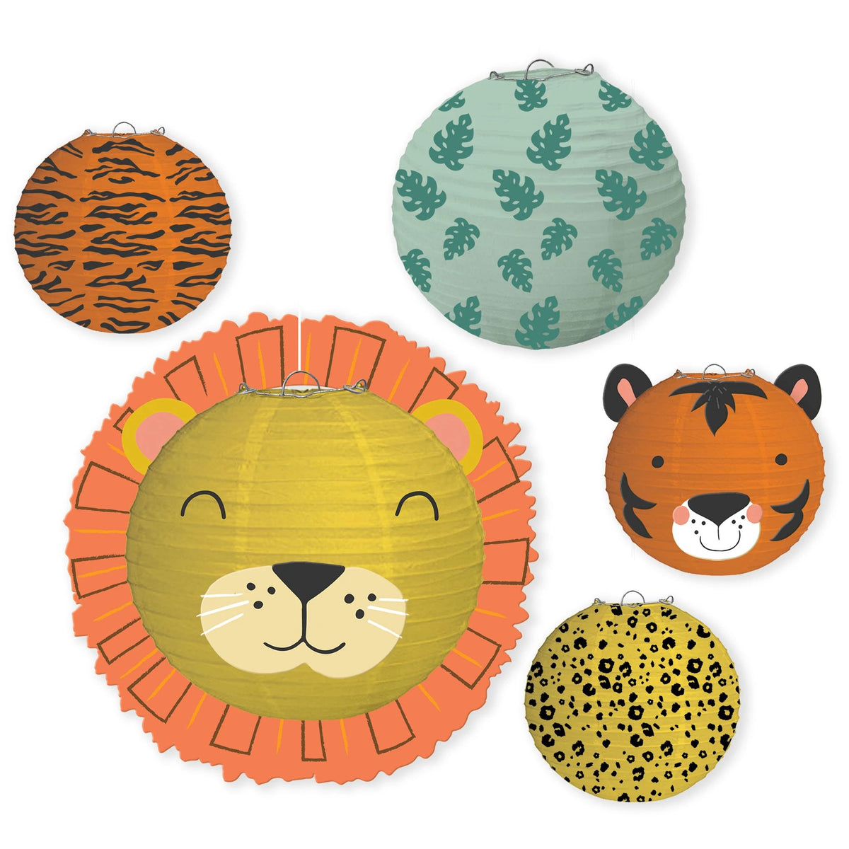 Little Gym - Get Wild Lion & Tiger Paper Lantern Hanging Decorations, Orange/Green, 9.5 In. for Birthday Party - 5 Ct.