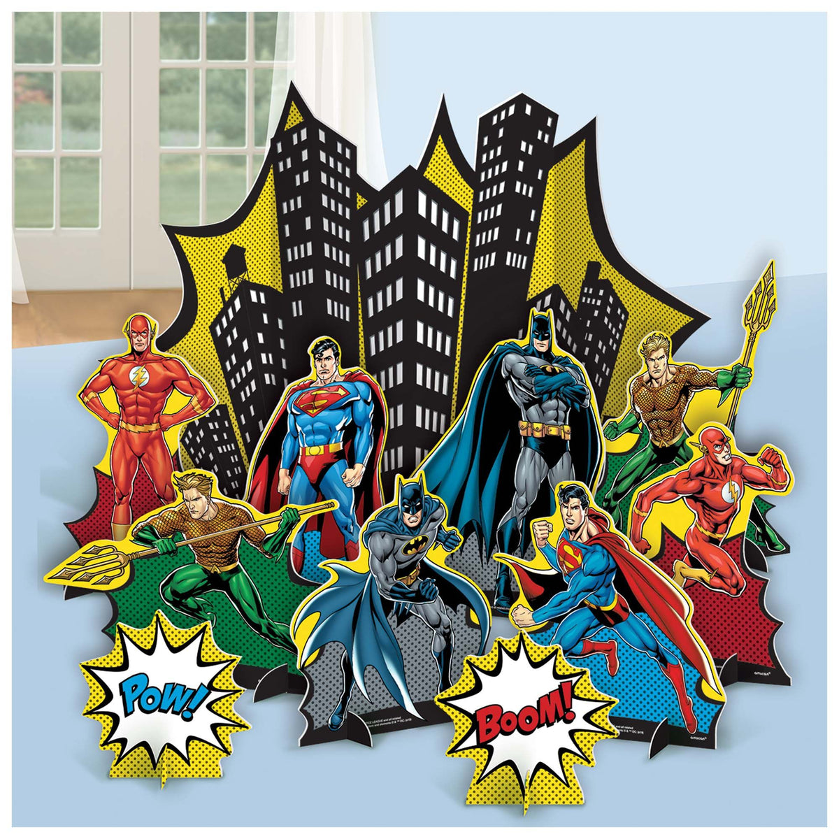 Little Gym - DC Justice League "Pow! Boom!" Superman/Batman/Flash Table Decorating Kit Centerpieces, Multi-Coloured, 13.5 In. for Birthday Party - 1 Ct.