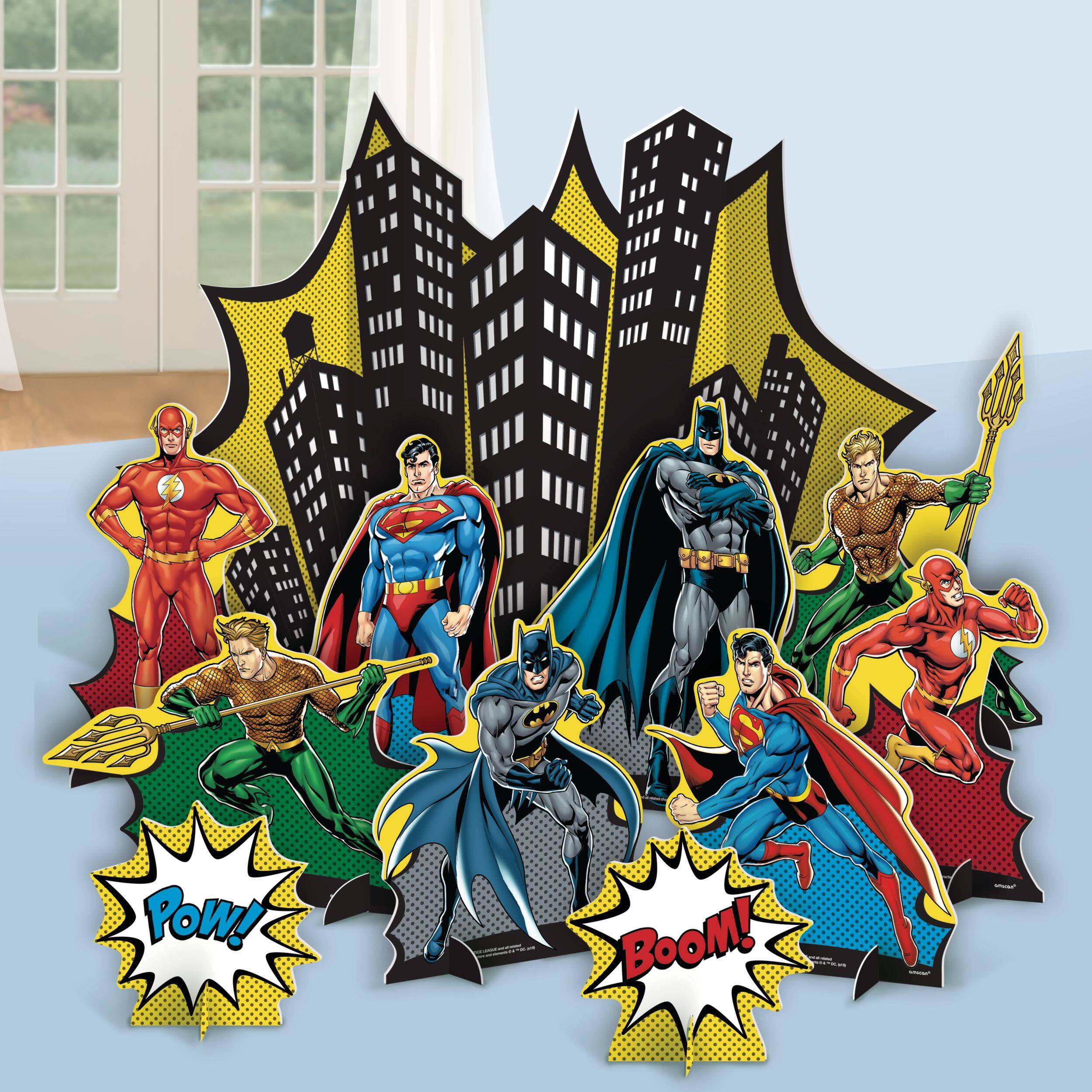 Little Gym - DC Justice League "Pow! Boom!" Superman/Batman/Flash Table Decorating Kit Centerpieces, Multi-Coloured, 13.5 In. for Birthday Party - 1 Ct.