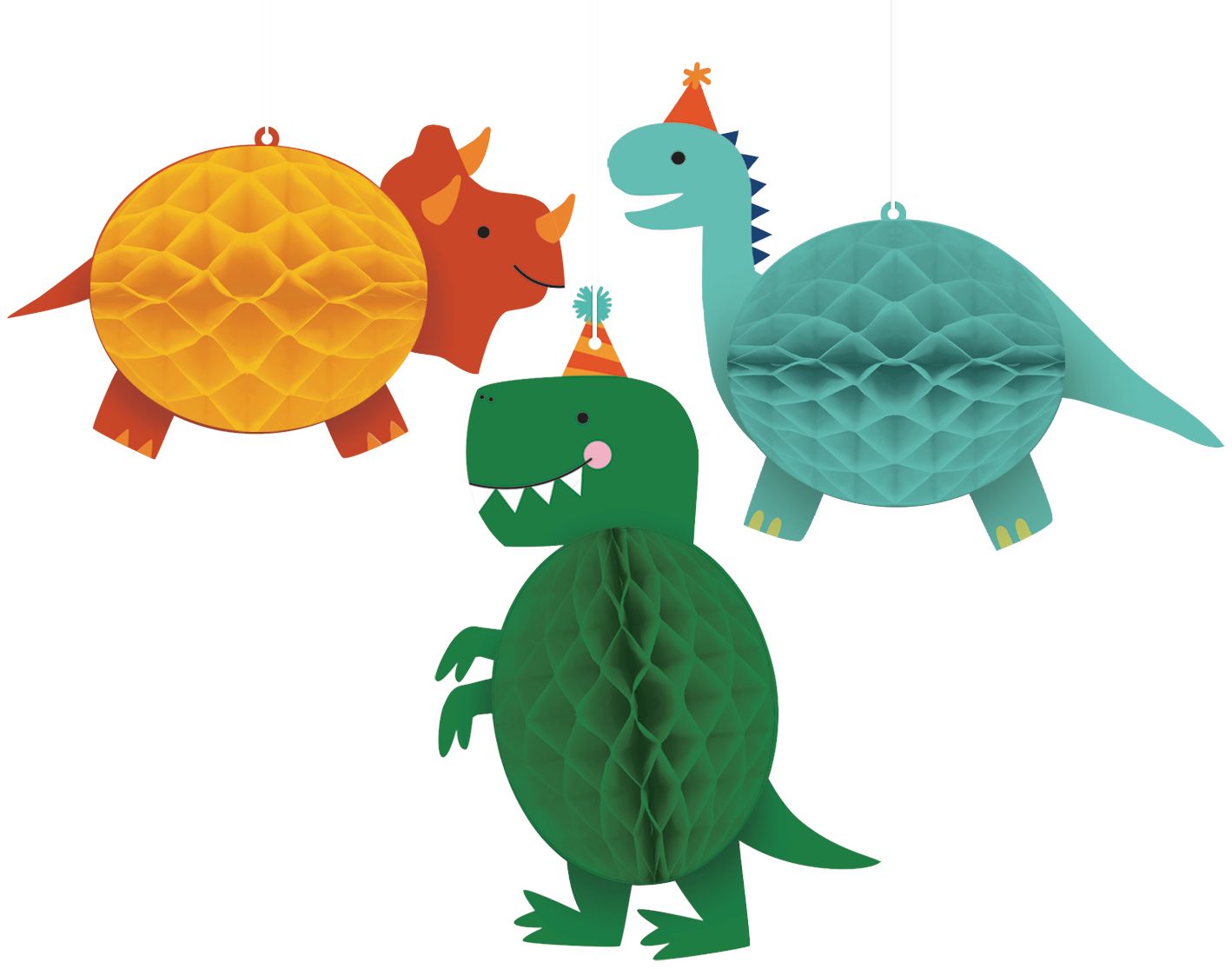 Little Gym - Dino-Mite Dinosaurs Honeycomb Hanging Decorations, Yellow/Green/Blue, 10 In. for Birthday Party - 3 Ct.
