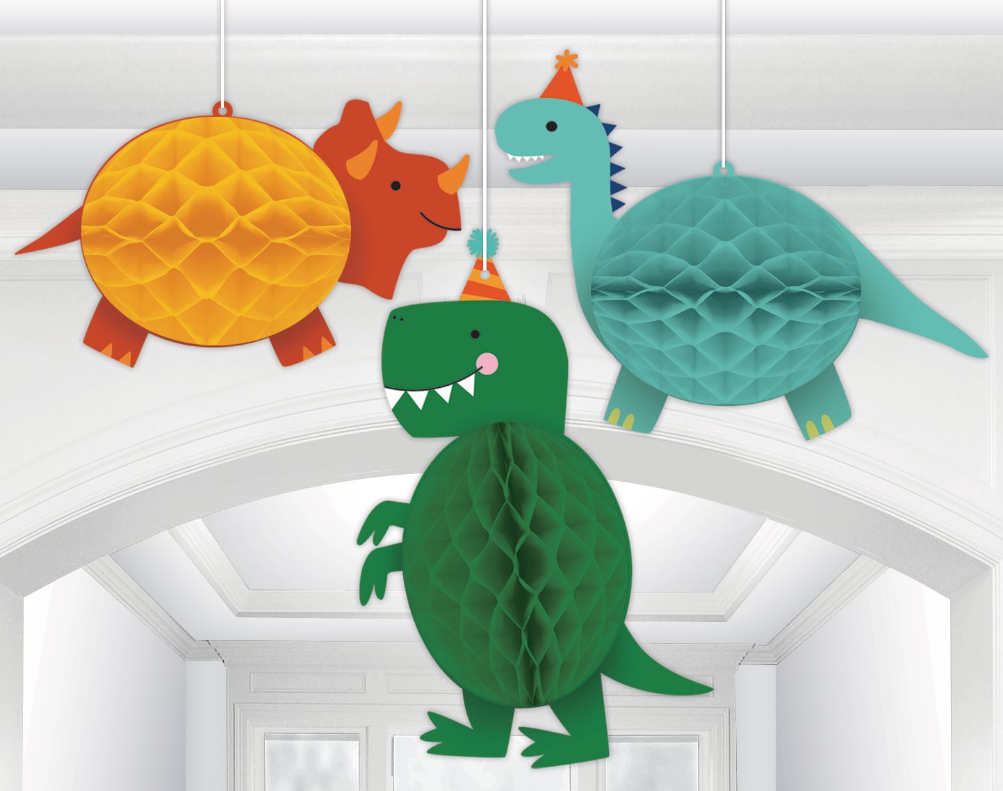 Little Gym - Dino-Mite Dinosaurs Honeycomb Hanging Decorations, Yellow/Green/Blue, 10 In. for Birthday Party - 3 Ct.