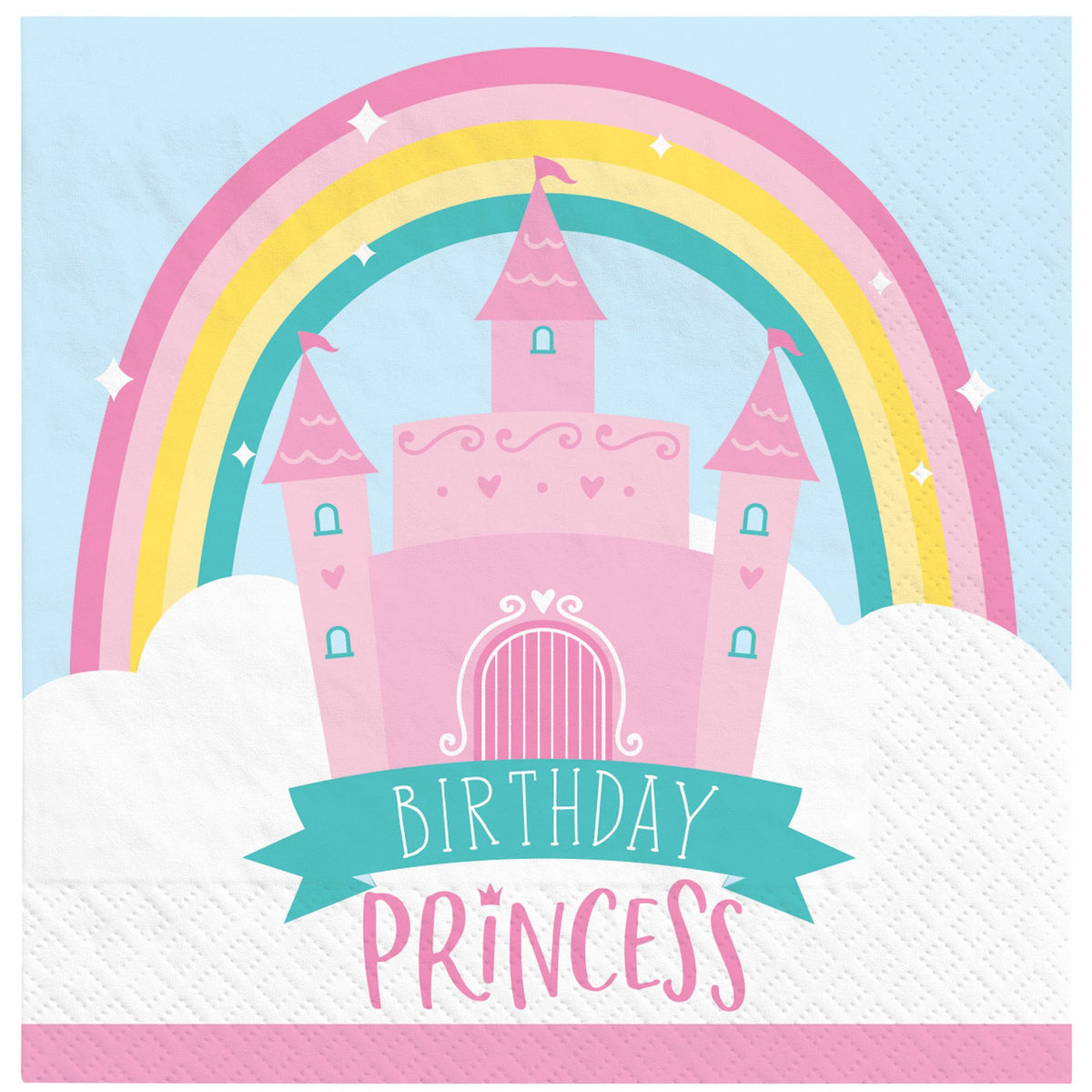 Little Gym - "Birthday Princess" Square Paper Disposable Beverage Napkins, Blue/Pink, Rainbow, 5-in, 2-ply, for Birthday Party - 16 Ct.