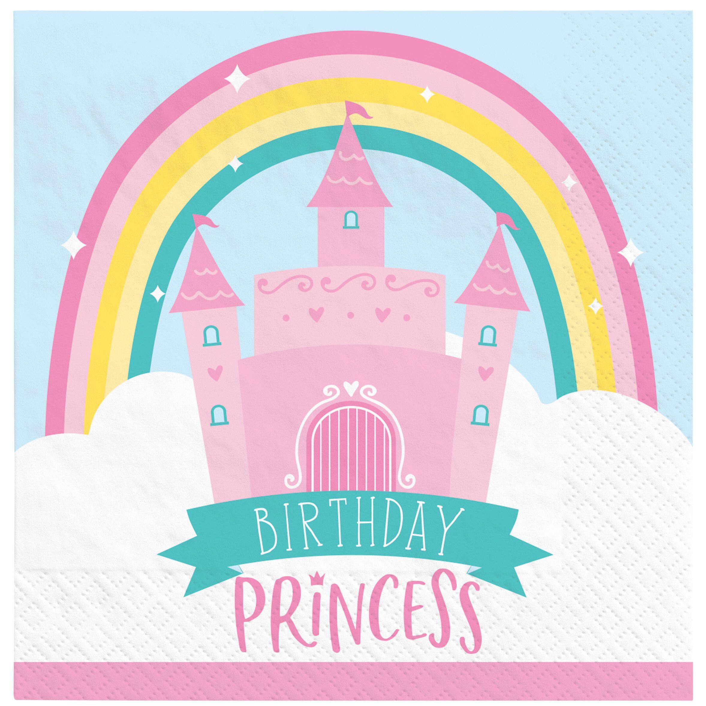 Little Gym - "Birthday Princess" Square Paper Disposable Beverage Napkins, Blue/Pink, Rainbow, 5-in, 2-ply, for Birthday Party - 16 Ct.