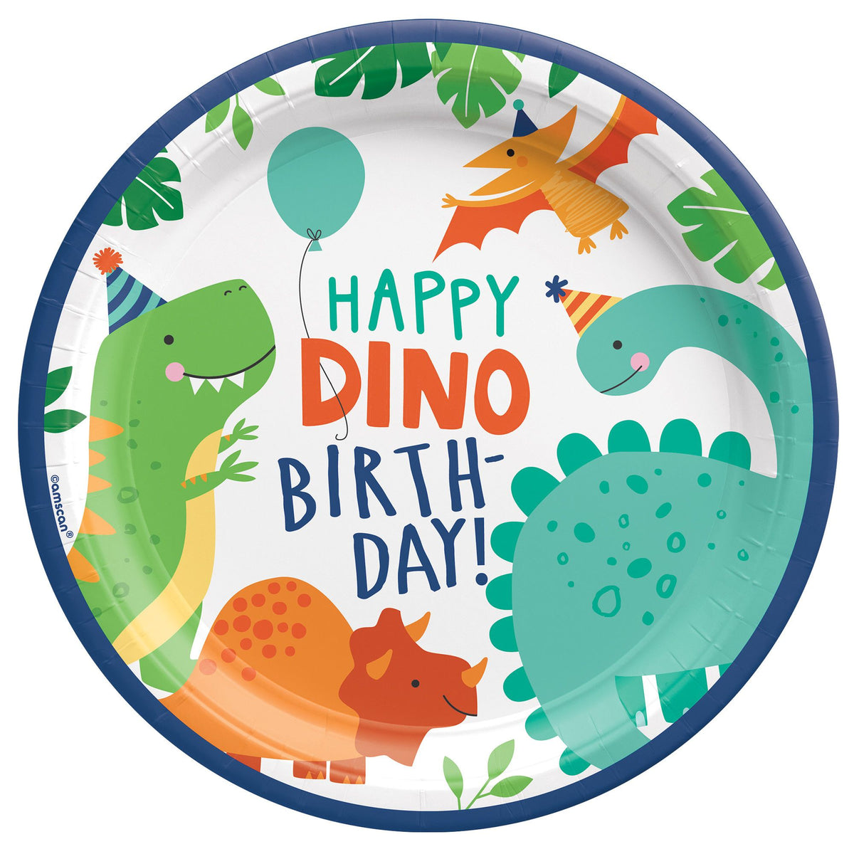 Little Gym - Dino-Mite "Happy Dino Birthday" Dinosaur Round Paper Disposable Lunch Plates, Blue/Green, 9-in, for Birthday Party - 8 Ct.