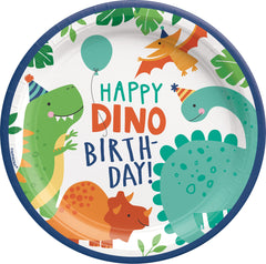 Little Gym - Dino-Mite "Happy Dino Birthday" Dinosaur Round Paper Disposable Lunch Plates, Blue/Green, 9-in, for Birthday Party - 8 Ct.