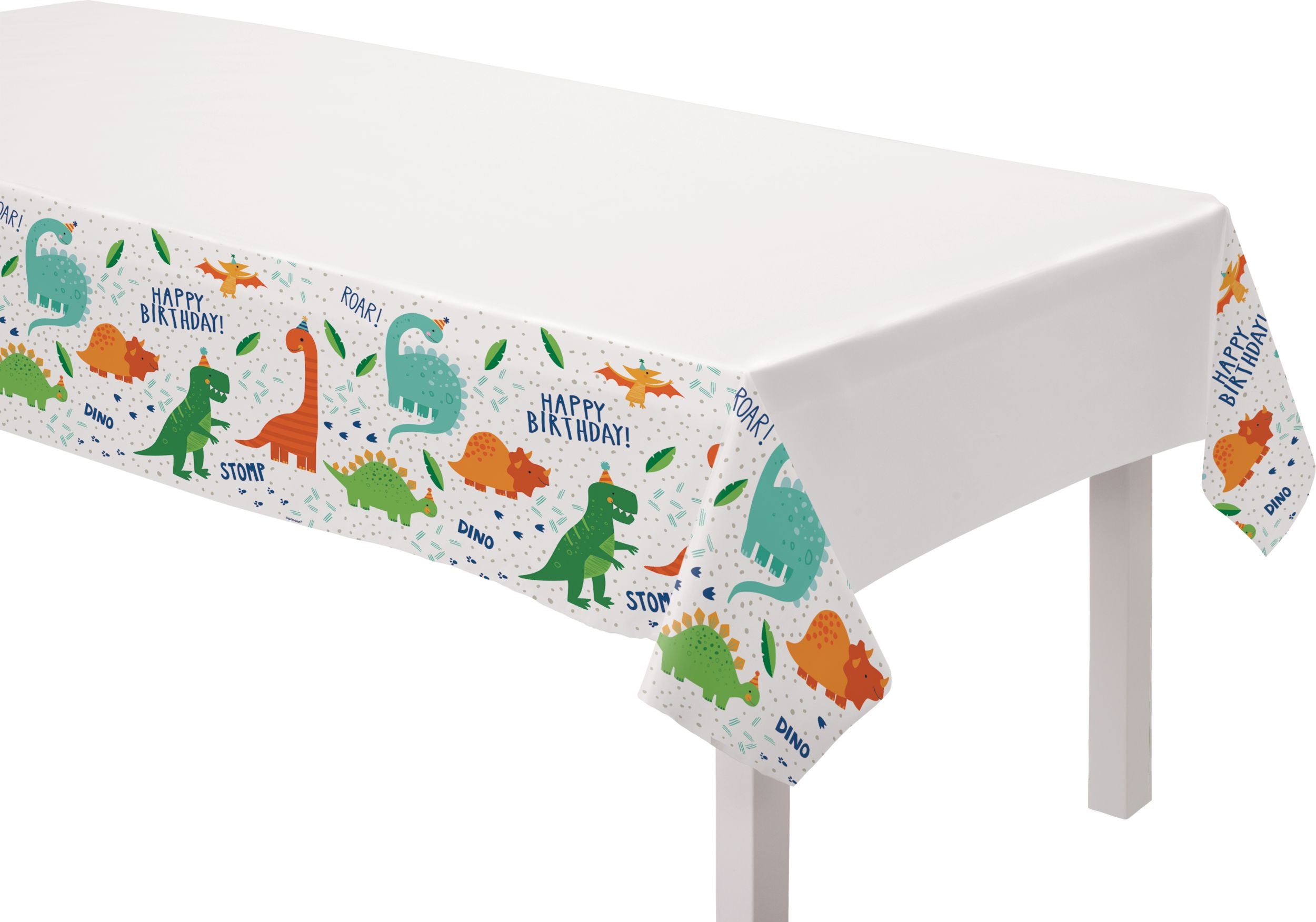Little Gym - Dino-Mite "Happy Birthday" Rectangle Plastic Reusable Table Cover, Green/Orange/White, 54x96-in, for Birthday Party - 1 Ct.