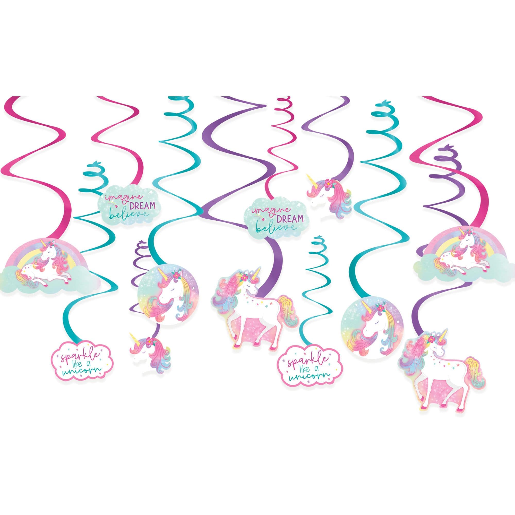 Little Gym - Unicorn "Imagine Dream Believe" Swirl Hanging Decorations, Pink/Blue, 10-in, for Birthday Party - 12 Ct.