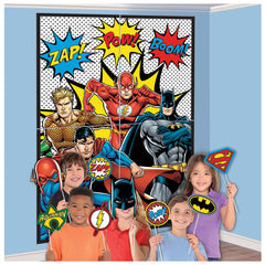 Little Gym - DC Justice League "Zap Pow Boom" Plastic Scene Setter Background Decoration with Photo Booth Props, Multi-Coloured, 65-in,  for Birthday Party - 16 Ct.