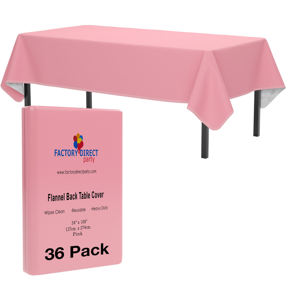 Pink Flannel Backed Plastic Table Cover 54 In. x 108 In. | Case of 36 - 54 In. x 108 In.