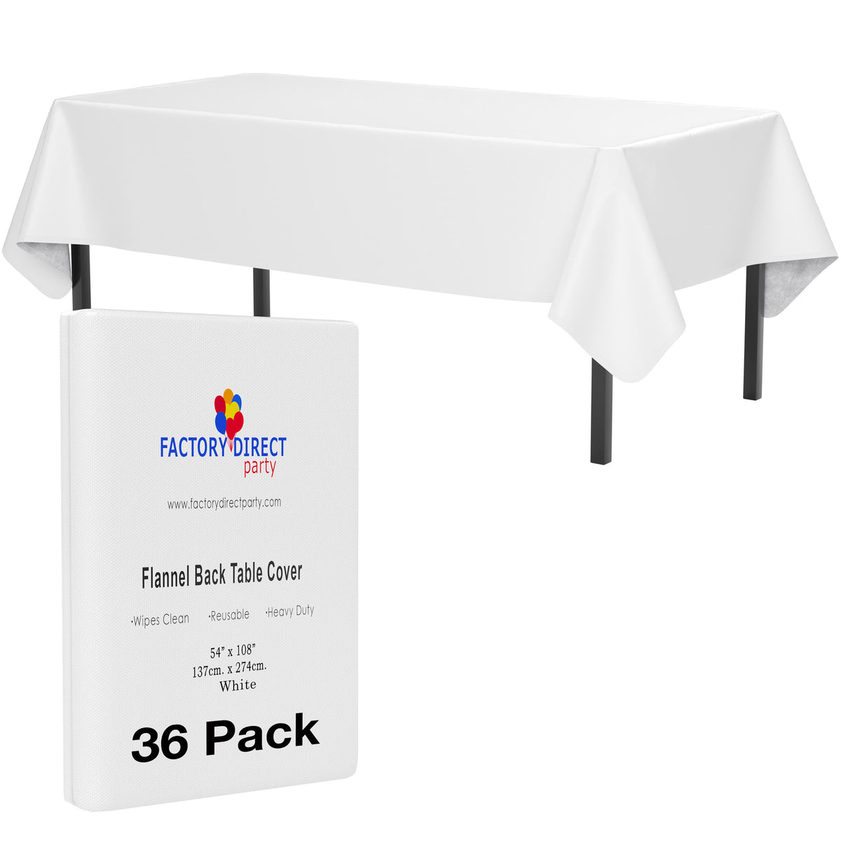 White Flannel Backed Plastic Table Cover 54 In. x 108 In. | Case of 36 - 54 In. x 108 In.