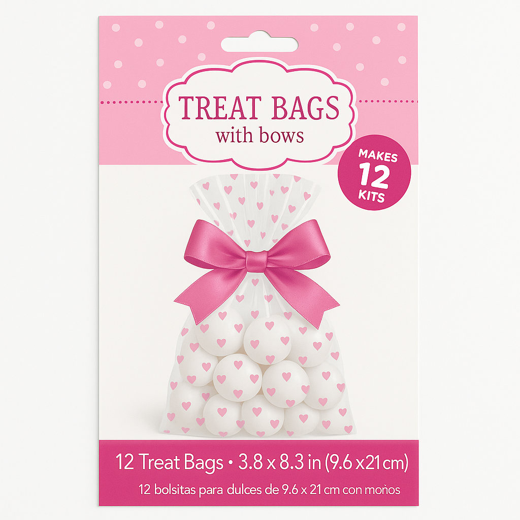 Pink Hearts Baby Shower Treat Bags with Bows - 12 Pack