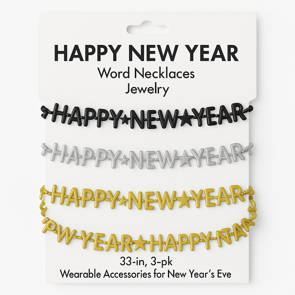 Festive "Happy New Year" Bead Necklaces - Black, Gold, Silver (3-Pack)