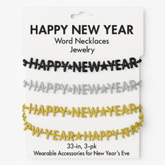 Festive "Happy New Year" Bead Necklaces - Black, Gold, Silver (3-Pack)