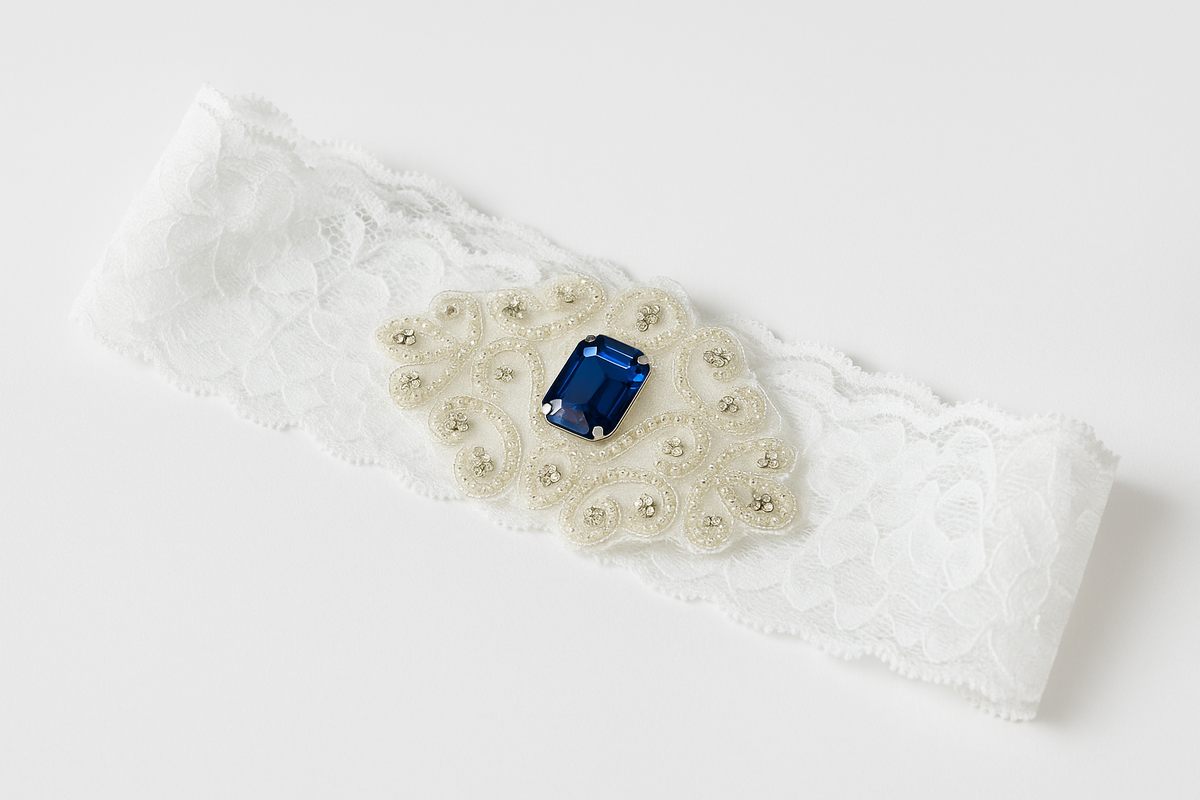 Elegant Blue Gemstone Lace Garter - Plus Size Bridal Accessory