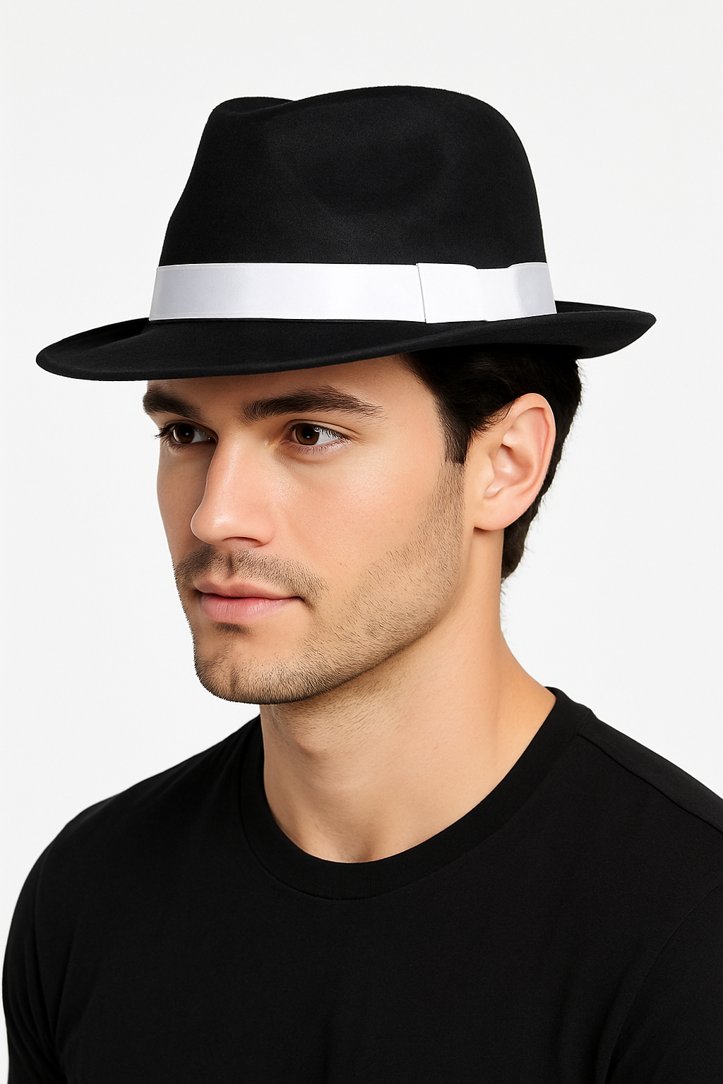 Black Gangster Fedora Hat with White Satin Band