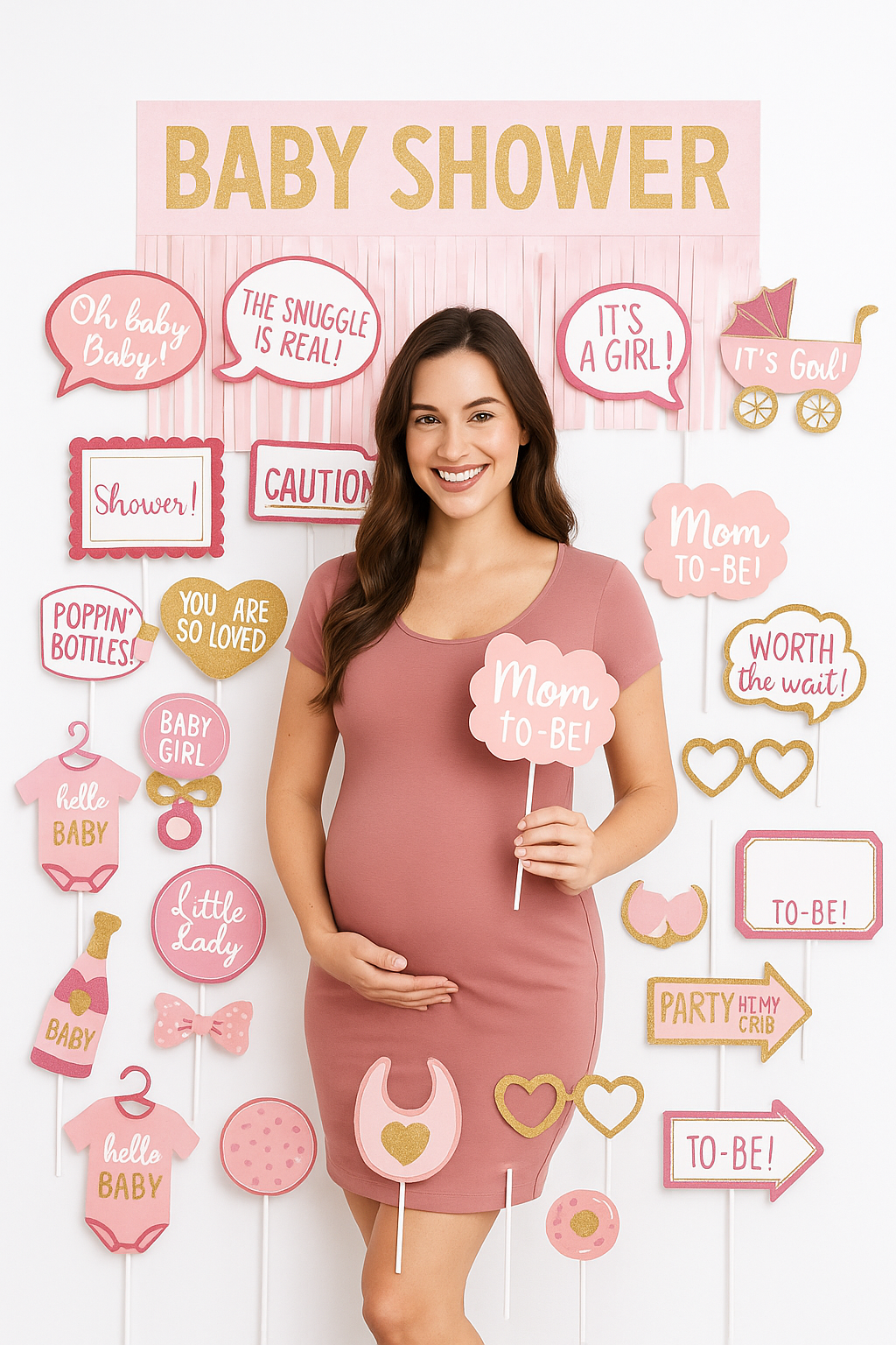 Glitter Pink & Gold Baby Shower Photo Booth Props Set, 21-Piece