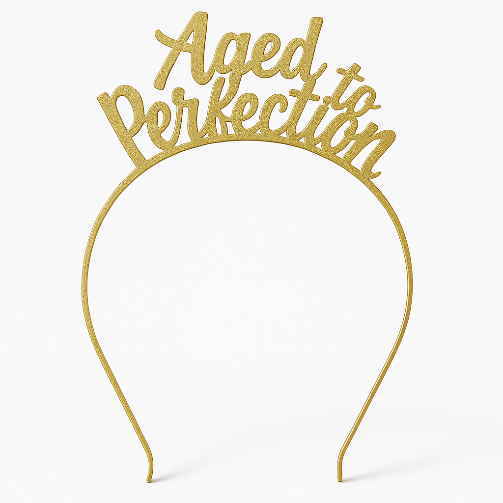 "Aged to Perfection" Golden Metal Headband for Birthdays