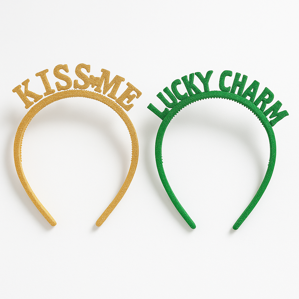 St. Patrick's Day Glitter Headbands - "Kiss Me" and "Lucky Charm", 6 Pack