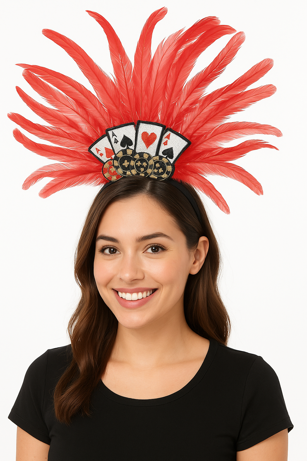 Deluxe Casino Feather Headband with Poker Chip and Card Design