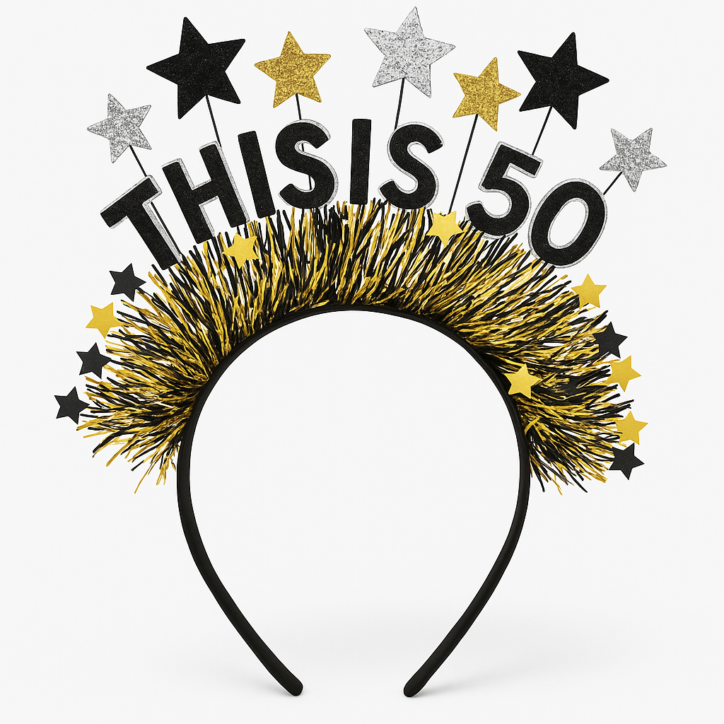 Black & Gold "This is 50" Birthday Headband with Fringe and Stars