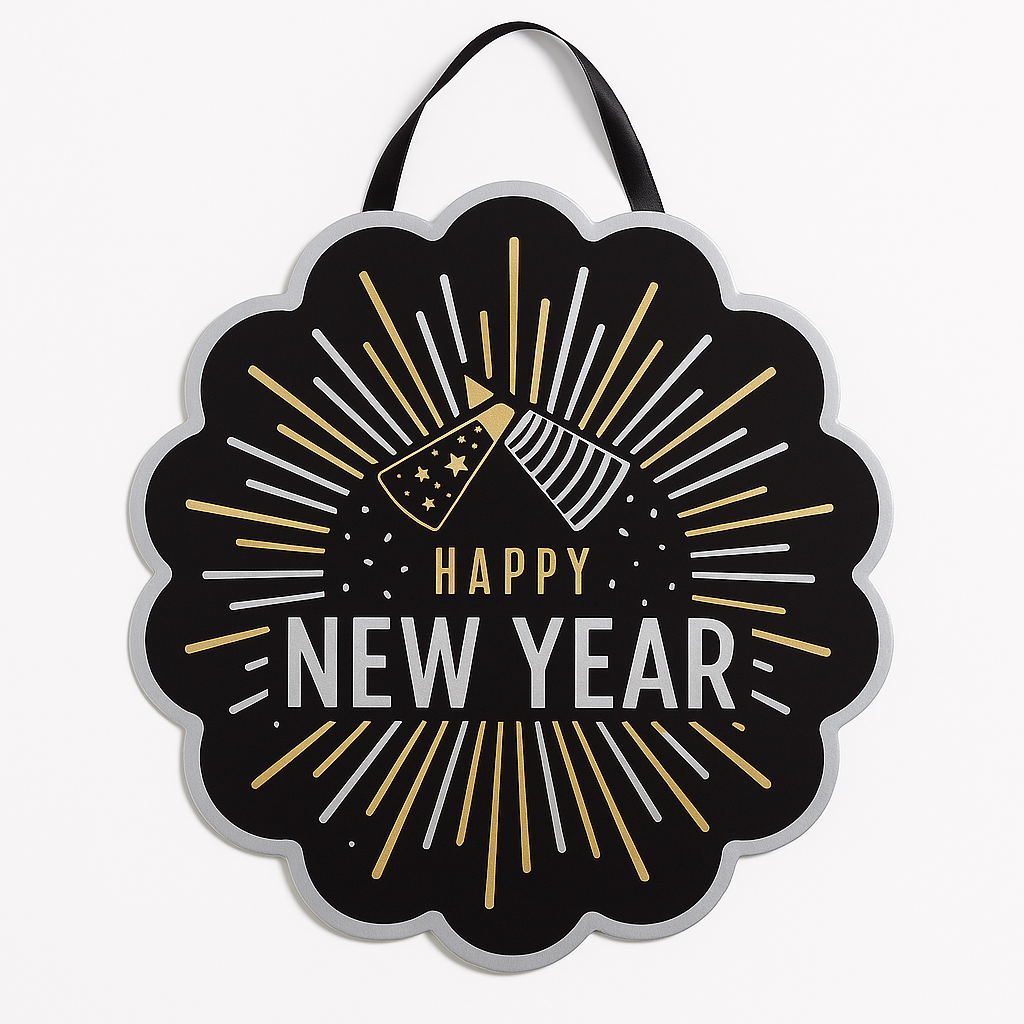 "Happy New Year" Hanging Cardboard Sign - Black, Silver & Gold