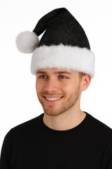 Deluxe Black Tinsel Santa Hat with Plush White Trim