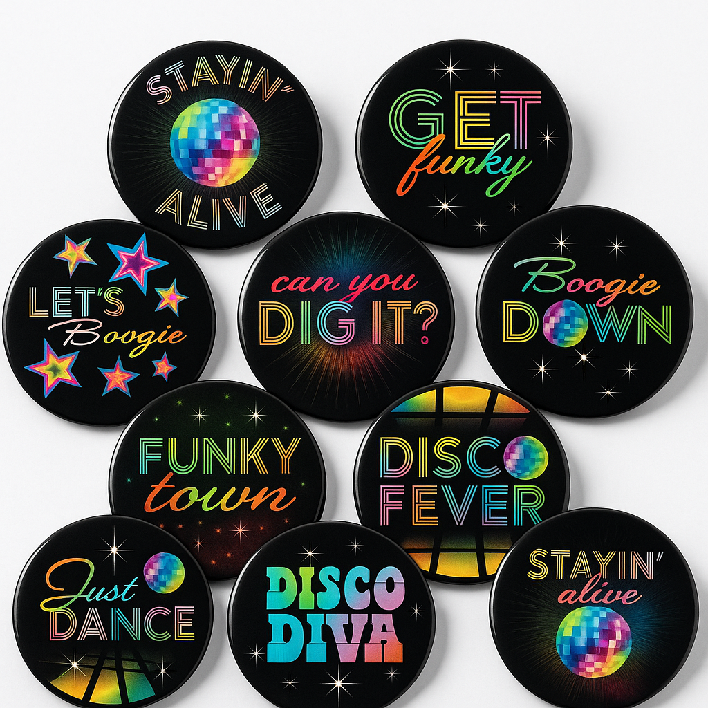 70's Disco Party Buttons - Neon Phrases, 10-Pack