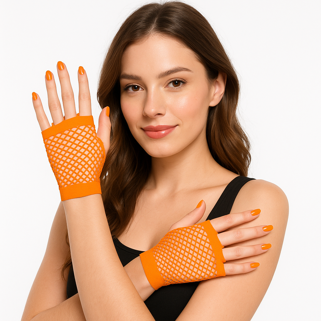 Vibrant Orange Fishnet Fingerless Gloves