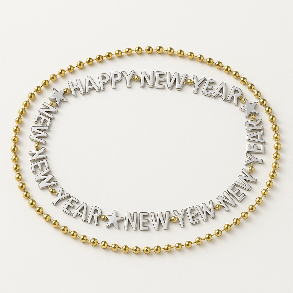 Black and Silver "Happy New Year" Beaded Necklace - 32 inches