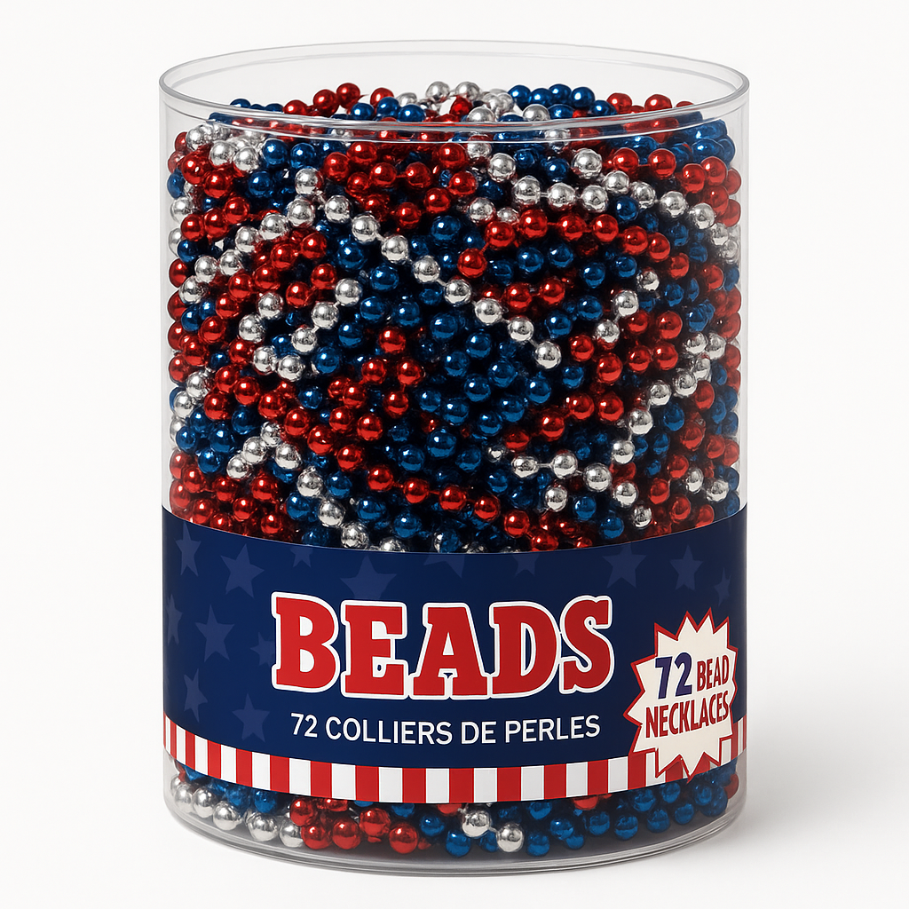 Patriotic Red, White & Blue Bead Necklaces - 50 Pack