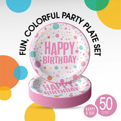 9 In. Pink Birthday Print Paper Plates - 50 Ct.| Case of 20
