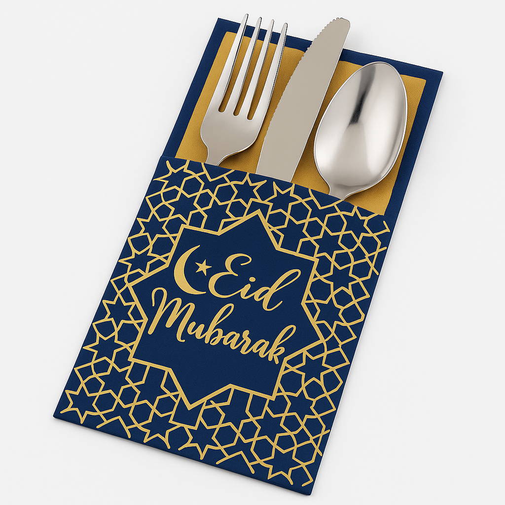 "Eid Mubarak" Cutlery Holders, Blue/Gold, 7.5-in, 12 Pack