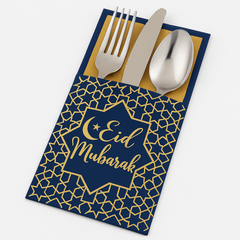 "Eid Mubarak" Cutlery Holders, Blue/Gold, 7.5-in, 12 Pack
