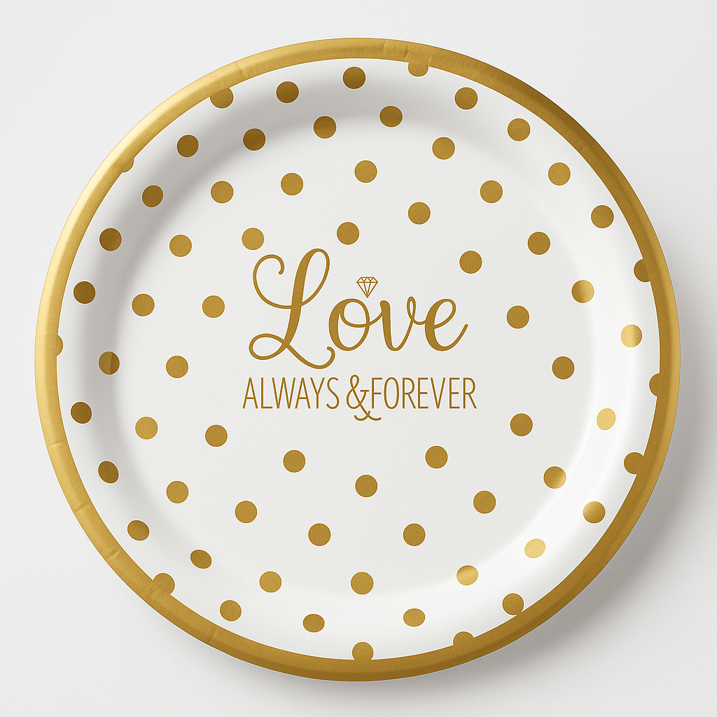 "Love Always & Forever" Premium Gold Polka Dot Wedding Dinner Plates