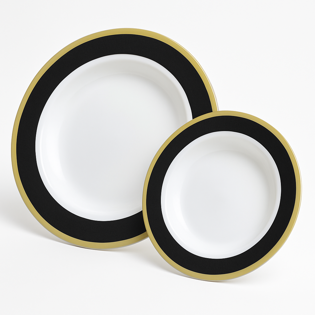 Elegant Black & Gold Bordered Premium Plastic Plate Set