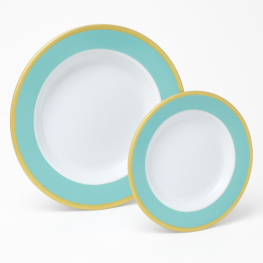 Robin‚Äôs Egg Blue Premium Plastic Plates with Gold Rim