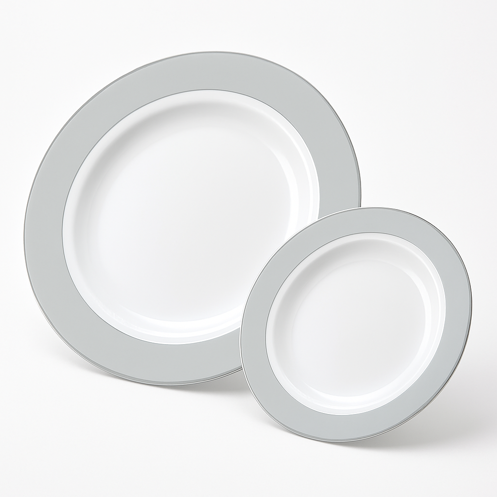 Silver Bordered Premium Plastic Plate Set - 20 Pack