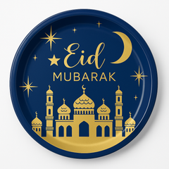 Eid Mubarak Round Plastic Serving Platter - Blue & Gold, 14"