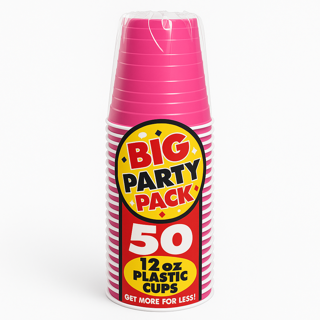 Bright Pink 12oz Plastic Party Cups - 50 Pack